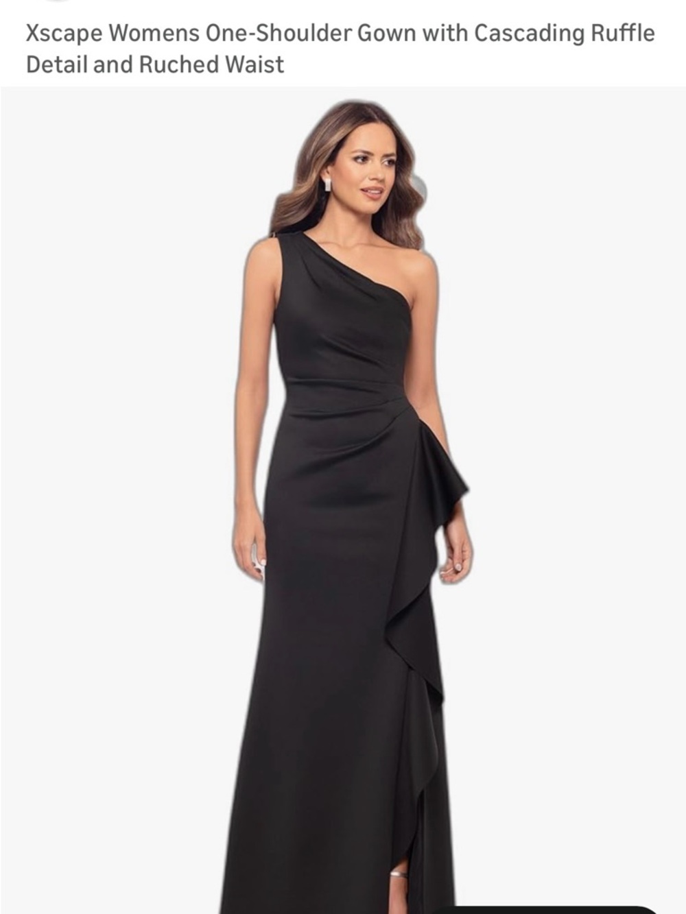 Xscape One-Shoulder Black Maxi Gown with Side Ruffle